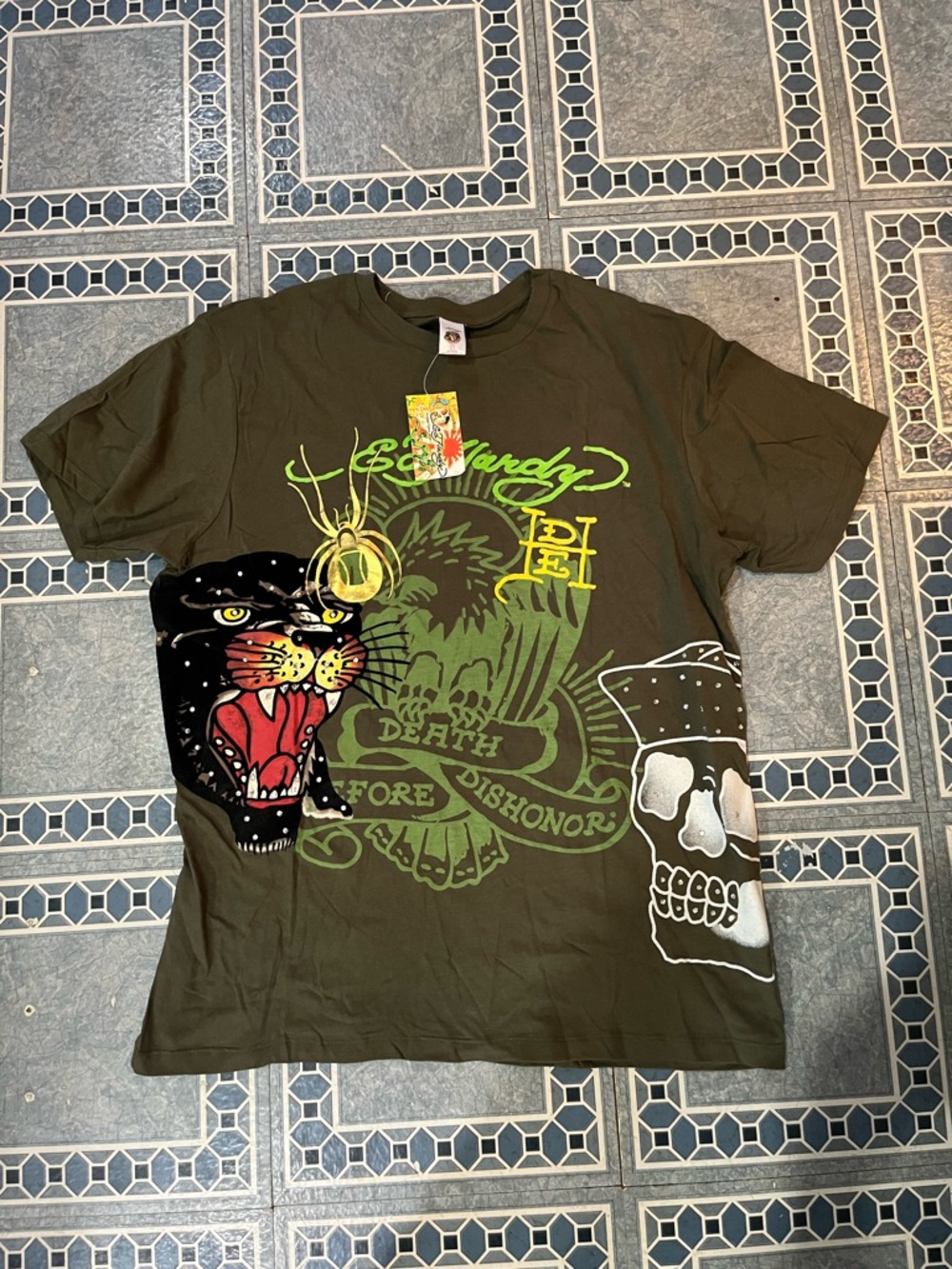 Ed Hardy Olive Green Tee with Black Panther, Red & White Graphic